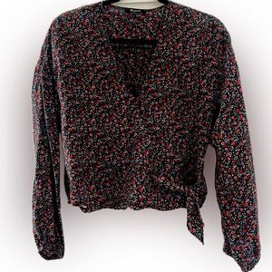 Madewell Black and Red Long Sleeve Wrap Blouse